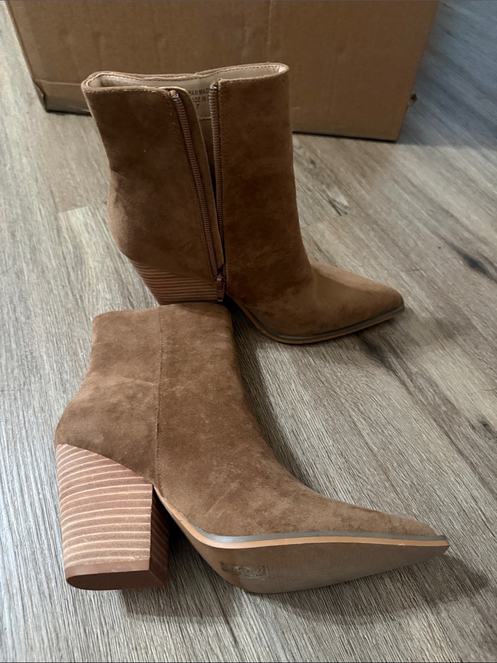 Tan Suede Ankle Booties with Stacked Heel
